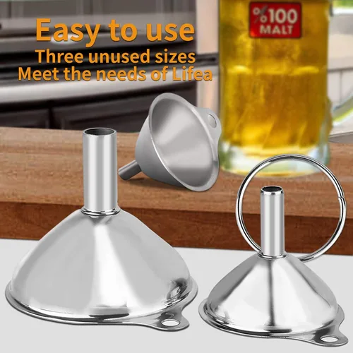 Miniatura 5 de Embudo de metal de acero inoxidable, juego de 3 embudos grandes, medianos y pequeños, mini embudos de grado alimenticio para uso en cocina, botellas