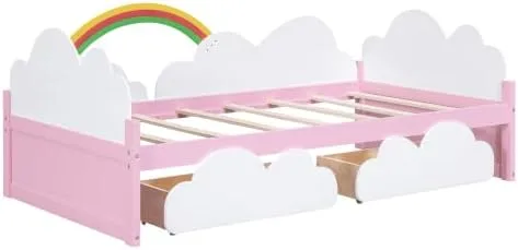Miniatura 4 de Cama de tamaño individual con nubes – Base de cama artística con elementos del cielo y toque verde – Perfecto para niñas – Cama divertida e