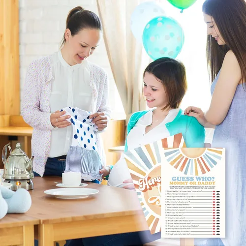 Miniatura 4 de Sunshine Fill In Baby Shower Juego de cartas – Here Comes The Son – Juego de mamá o papá para niños – Anuncio de bebé revelación de género ¿Adivina