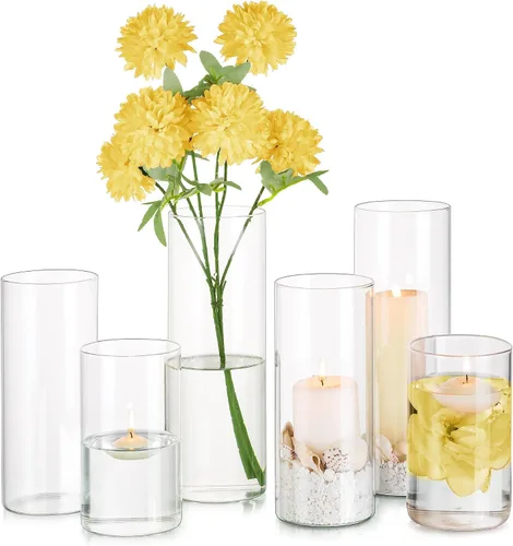 Glasseam Jarrón cilíndrico de vidrio transparente, 6 jarrones de cristal para centros de mesa, pilar moderno de huracán o portavelas flotante para