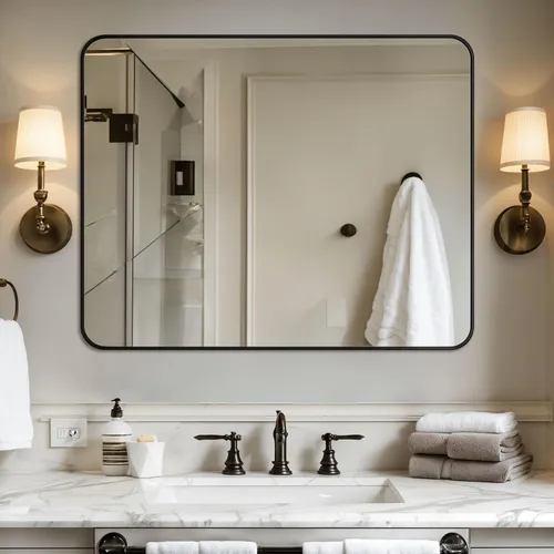 Miniatura 7 de Antok Espejo de baño con marco de metal negro de 22 x 30 pulgadas, espejo de pared con esquinas redondas, espejo de tocador para sobre el fregadero