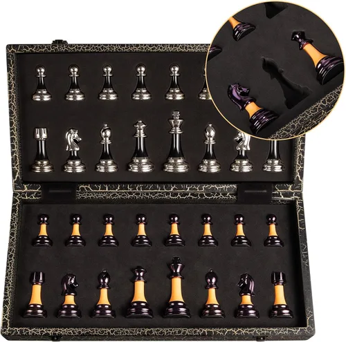 Miniatura 6 de BIVOMON Juego de Ajedrez de Madera Plegable de 16" Tablero de Ajedrez Blanco y Negro Piezas de Ajedrez de Acrílico de Lujo con Peso de 3.5
