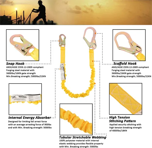 Miniatura 4 de Cordón de Seguridad Extensible de Una Sola Pierna de 6 Pies con Protección contra Caídas y Absorción de Impactos Interna con Conectores de Gancho
