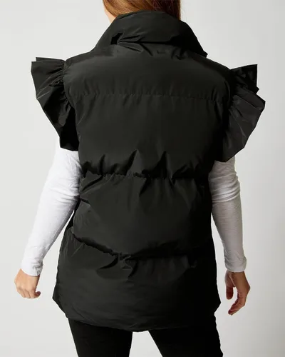 Miniatura 5 de Valphsio Chalecos acolchados para mujer, con mangas con volantes, para invierno, con botones y bolsillos