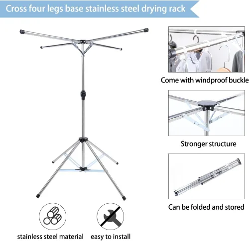 Miniatura 5 de BAOYOUNI Estante de secado de ropa plegable de acero inoxidable, soporte plegable para ropa, altura ajustable con rieles colgantes para balcón