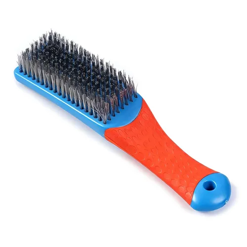 1 cepillo de acero azul de acero resistente al carbono y alambre de acero inoxidable Scratch Brush con mango ergonómico de goma