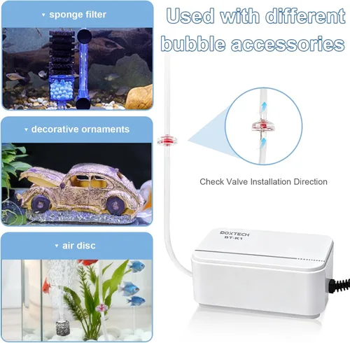 Miniatura 5 de Boxtech Bomba de aire para acuario ultra silenciosa, ahorro de energía de 2 W, bomba de oxígeno de bajo ruido para tanques de agua dulce y salada