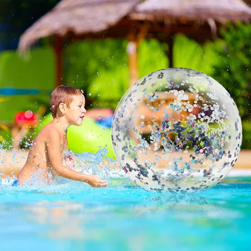 Miniatura 7 de Civaner 10 bolas inflables de playa con purpurina de 16 pulgadas, bola grande de confeti brillante para piscina, globo inflable transparente