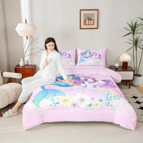 Miniatura 5 de Erosebridal Edredón de sirena azul para niñas, ropa de cama de unicornio lindo de 3 piezas para niños, juegos de ropa de cama y colecciones