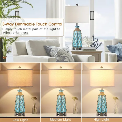 Miniatura 2 de Ruzectt Lámparas de mesa de cristal costero, lámparas de noche regulables de 3 vías con control táctil con 2 puertos USB y salida de CA, lámparas