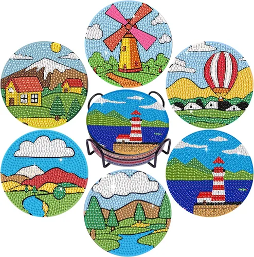 Leatrice 6 piezas de posavasos de arte de diamante pequeños kits de pintura de diamante para adultos con puntos de diamante redondos, taladro