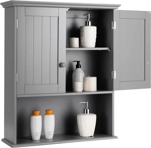 Miniatura 12 de COSTWAY Armario de baño montado en la pared, armario de almacenamiento sobre el inodoro con puertas dobles y estante ajustable, botiquín colgante