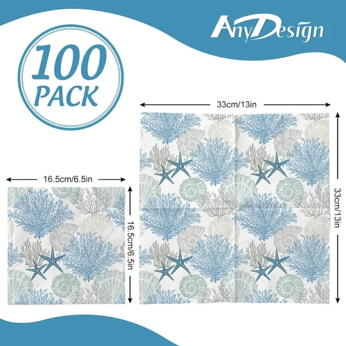 Miniatura 2 de AnyDesign 100 servilletas de papel de océano desechables con estrellas de mar y conchas de coral, servilletas de almuerzo con temática del mar