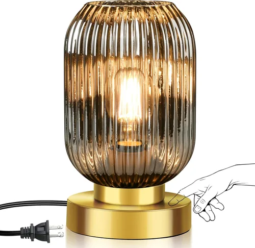 Miniatura 11 de Lámpara de mesa moderna de mediados de siglo, control táctil y regulable de 3 vías, pantalla de vidrio acanalado verde, dorado pequeño, lámpara