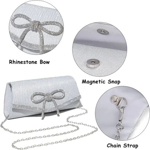 Miniatura 7 de Bolso de mano brillante con lazo para mujer, bolso de noche brillante con diamantes de imitación para baile de graduación, bolso de mano de boda