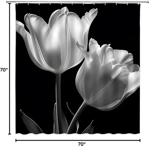 Miniatura 4 de Cortina de ducha floral negra elegante tulipán negro blanco y negro, diseño moderno de impresión artística única, juego de decoración de baño