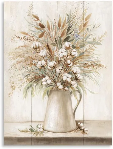 Kunstorner Arte de pared floral de granja, ramo de algodón, fotos de algodón floral en jarrón rústico, textura de madera, decoración de pared
