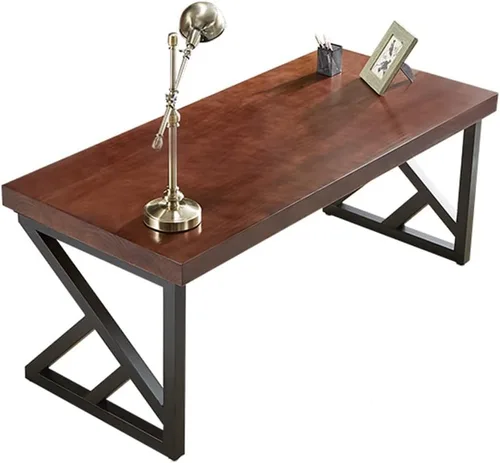 Mesa industrial moderna de madera maciza, escritorio de computadora para oficina en casa, escritorio de estudio con soporte de metal y panel de