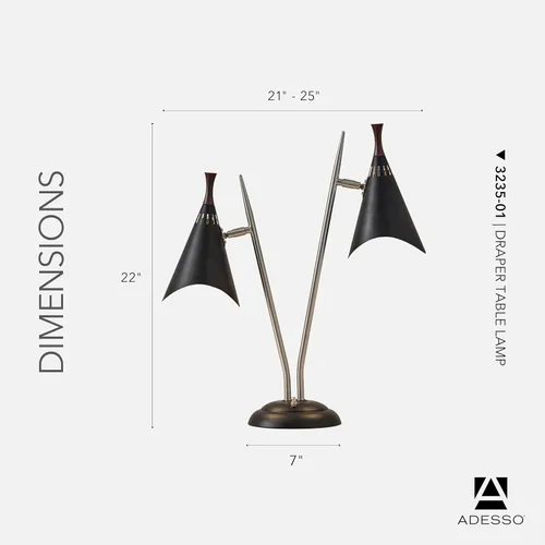 Miniatura 6 de Adesso 3235-01 Draper Lámpara de escritorio, 22 in., 2 x 60W incandescente/2 x 13W CFL, acero cepillado/pintado negro con acento de madera, 1