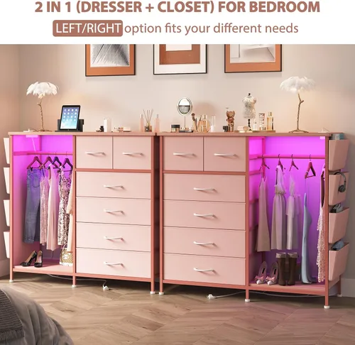 Miniatura 4 de Cómoda de 6 cajones para dormitorio con perchero, cómoda con bolsillos laterales y ganchos, estación de carga y luces LED, parte superior de madera