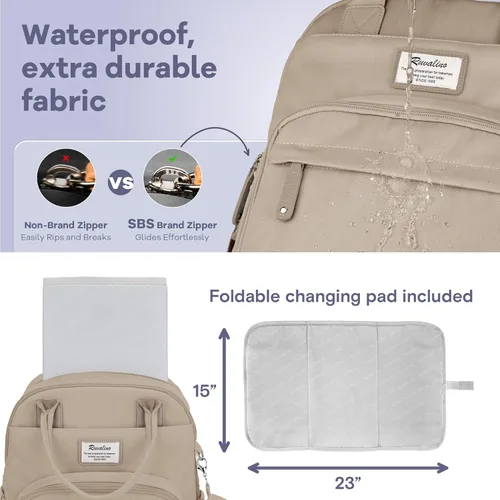 Miniatura 6 de RUVALINO Mochila para pañales - Mochila de viaje multifunción para bebé con cambiador, portabotellas aislados y estuche para chupete, gran Arcilla