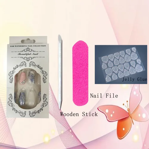 Miniatura 6 de Uñas postizas artificiales a presión de longitud media con diseño de lentejuelas plateadas, cobertura completa, reutilizables, rosadas
