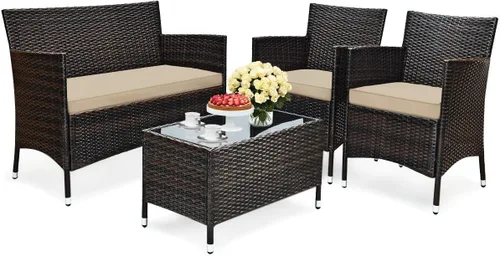 Miniatura 10 de HAPPYGRILL Juego de sofá de patio de 4 piezas, muebles de mimbre de ratán, juego de conversación con sofá acolchado y mesa auxiliar para patio al