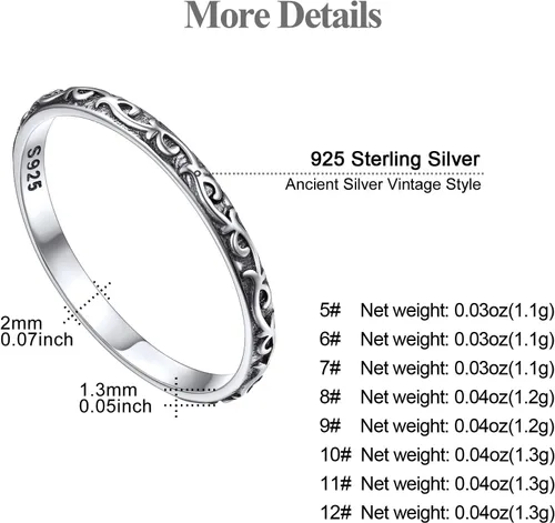 Miniatura 5 de FOCALOOK Anillo de plata de ley 925 de 0.110 in de ancho, tamaño 4, anillo de plata envejecida, hipoalergénico para mujer