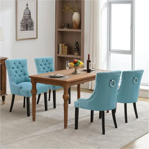 Miniatura 46 de adochr Juego de 2 sillas de comedor de terciopelo, sillas de cocina tapizadas con patas de metal, respaldo abotonado moderno con anillo de tracción