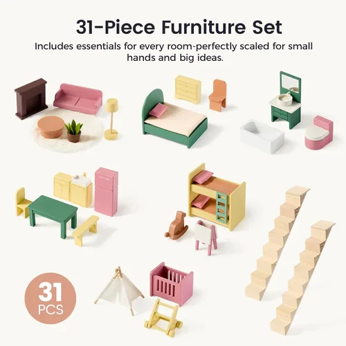 Miniatura 5 de Tiny Land Casa de muñecas de madera para niñas, casa de muñecas de madera de 6 habitaciones, casa de muñecas de bricolaje con 31 accesorios de Rosa