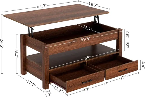 Miniatura 3 de Rolanstar - Mesa auxiliar, mesa de centro con cajones y compartimento oculto, mesa central retro con tablero de elevación de madera, para sala
