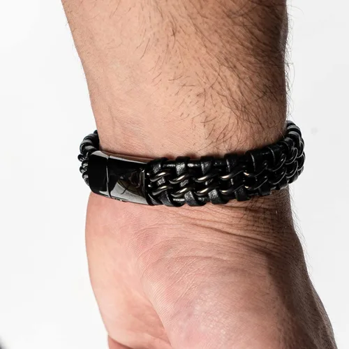 Miniatura 5 de SERASAR Pulsera de cuero genuino de primera calidad [acero] para hombre en negro Cierre magnético de acero inoxidable en negro, plata y oro