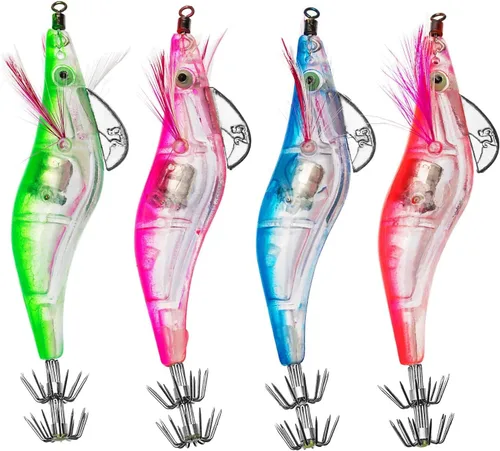 Paquete de 4 señuelos de pesca LED, señuelos de pesca LED para disminuir la velocidad con ganchos Mustad agua dulce y salada, pececillo de Jerkbait
