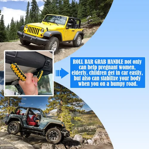 Miniatura 3 de Asas de agarre de barra enrollable para Jeep, asa de agarre para Jeep Wrangler YJ TJ JK JKU JL JLU, paracord/113 kg de carga, negro y amarillo