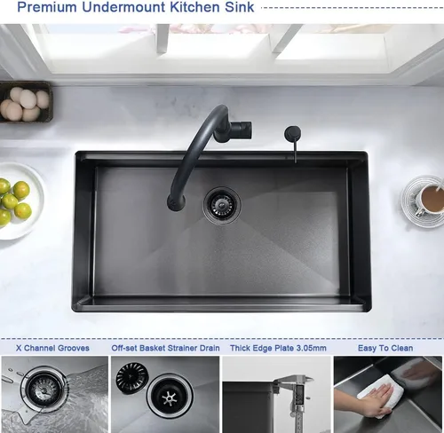 Miniatura 6 de Fregadero de cocina negro de 25 pulgadas para montaje inferior, fregadero de cocina de acero inoxidable negro de 25 x 19 pulgadas, fregadero