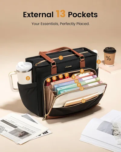 Miniatura 7 de LOVEVOOK Bolsa de mano para profesores, bolsa para laptop para mujer con portavasos grande y área de archivo de acordeón, bolsa de trabajo