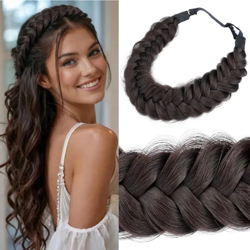 Miniatura 28 de Diadema ancha y despeinada de 2 mechones de cabello sintético trenzado, accesorio de belleza para mujeres y niñas, 62g/2.1 oz (caoba)