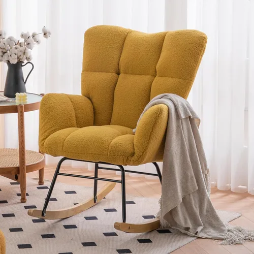 Silla mecedora moderna para cuarto de bebé, silla deslizadora tapizada con respaldo alto, sillón de acento mecedor con patas de madera maciza para