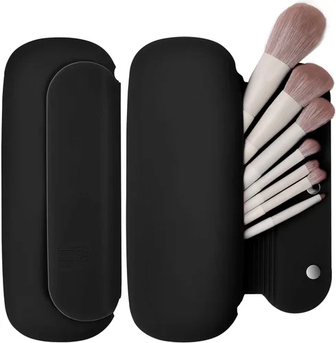 BAGCRAZY Organizador de brochas de maquillaje de silicona para viajes para mujeres con cierre magnético y limpiador de brochas incorporado,