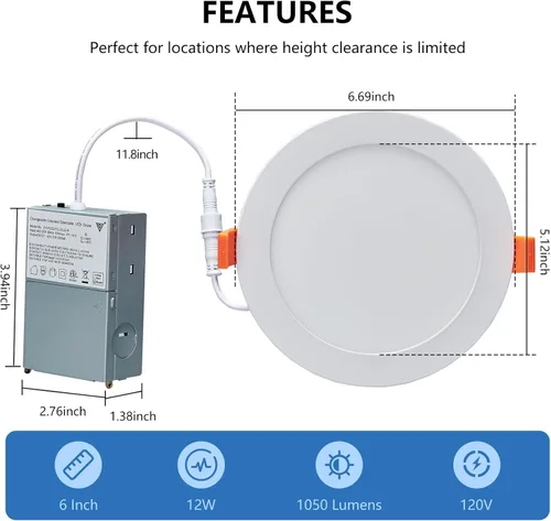 Miniatura 6 de CycevSun Luz LED empotrable de 6 pulgadas, iluminación de oblea, regulable y 3000 K, 4000 K, 5000 K, seleccionable, 12 W, 120 V, clasificación IC