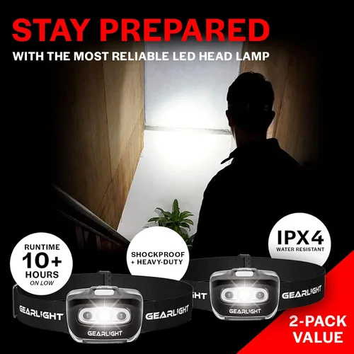 Miniatura 2 de GearLight Paquete de 2 faros LED – Lámparas de cabeza de camping al aire libre con diadema ajustable – Linterna ligera con batería brillante con 7