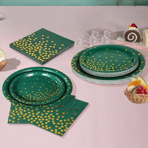 Miniatura 6 de 150 piezas de decoraciones de fiesta verdes y doradas, platos verdes y servilletas, suministros de fiesta para 50 invitados, platos de papel