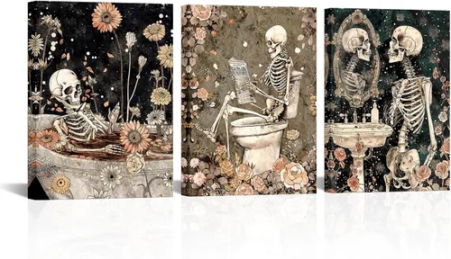 Miniatura 4 de FuShvre Decoración de esqueleto para baño, cuadros artísticos de pared de esqueleto Moody para baño, pintura gótica para decoración del hogar, Negro
