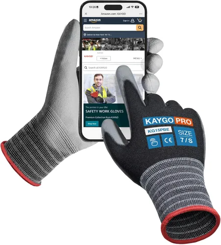 Miniatura 10 de KAYGO KG15P - Guantes de trabajo con revestimiento de poliuretano, nailon Lite, para la seguridad, revestimiento de poliuretano gris, muñeca de Azul
