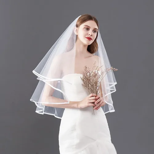 Miniatura 3 de auwiyd Velo de novia corto velo de boda con borde de satén con peine para mujeres y niñas, velo de borde de cinta de 2 niveles para boda, despedida