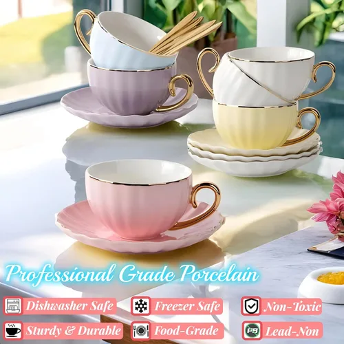 Miniatura 2 de ICHAG Juego de taza y platillo de porcelana de hueso de 18 piezas, tazas de café de calabaza de 7.7 onzas con ribete dorado y cucharas, tazas
