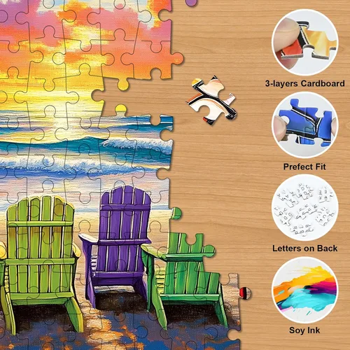 Miniatura 3 de Rompecabezas de playa para adultos de 1000 piezas – Coloridos rompecabezas de playa, silla de descanso, rompecabezas de verano con letras