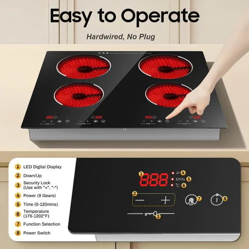 Miniatura 4 de Placa de cocción eléctrica de 4 quemadores de 110V, placa de cocción portátil de 23 pulgadas con pantalla LED, bloqueo de seguridad para niños