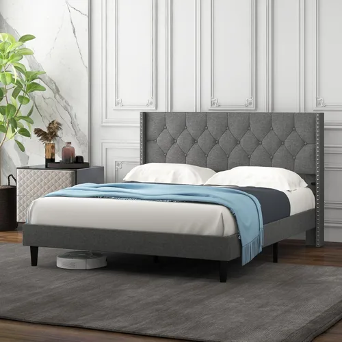 Miniatura 10 de Giantex Base de cama tapizada de tela de lino de tamaño matrimonial, marco de cama moderno con cabecera capitoné con botones, base de colchón