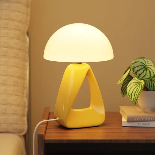 Miniatura 9 de Lámpara de hongo, pequeña lámpara de mesa para dormitorio, lámpara de noche creativa geométrica con base de cerámica, lámpara de mesa auxiliar